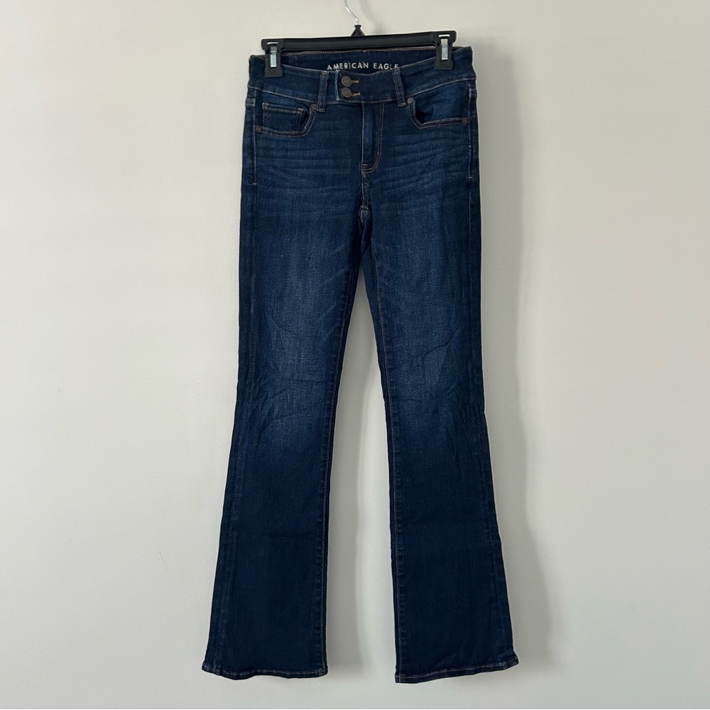 American Eagle Mid Rise Next Level Stretch Double Button Dark Wash Denim Flare 2